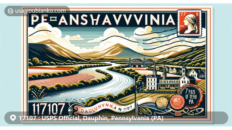 Modern illustration of Dauphin, Pennsylvania, featuring ZIP code 17107, highlighting Susquehanna River and Stony Creek valley with vintage postage stamps and postal theme.