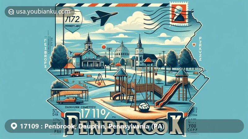 Modern illustration of Penbrook, Dauphin County, Pennsylvania, featuring vintage postcard with ZIP code 17109, showcasing local landmarks like Little Valley Park, Lincoln Cemetery, and Capital Area Greenbelt.