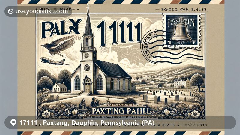 Modern illustration of Paxtang, Dauphin County, Pennsylvania, featuring vintage air mail envelope design highlighting Old Paxton Church built in 1740, historical cemetery, local flora, and Capital Area Greenbelt.