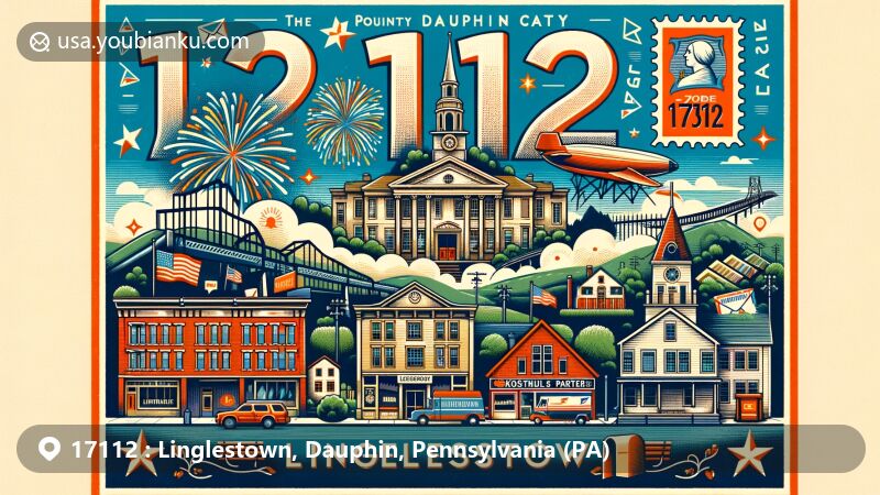 Modern illustration of Linglestown, Dauphin County, Pennsylvania, showcasing postal theme with ZIP code 17112, featuring Koons Park, Blue Mountain, and 81 Interstate Highway.