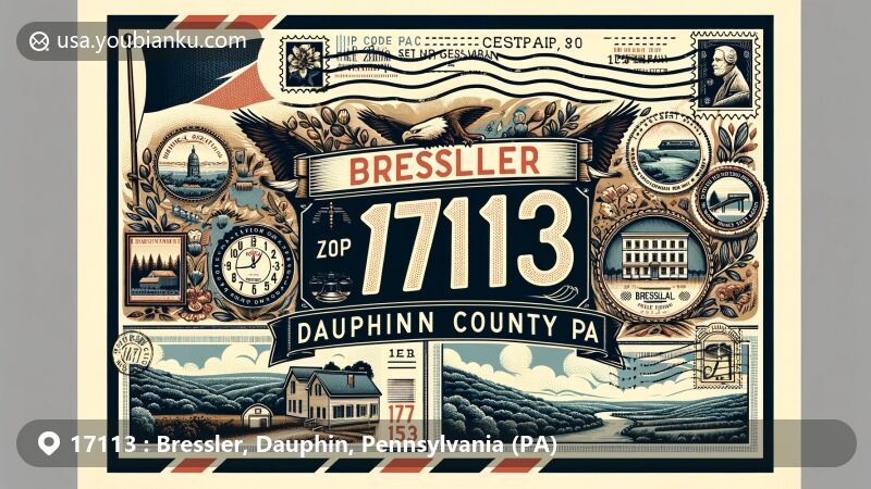 Modern illustration of Bressler, Dauphin County, Pennsylvania, featuring vintage postcard design with ZIP code 17113, incorporating local geography and landmarks.