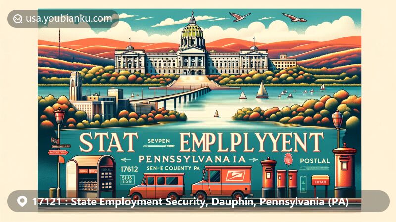 Modern illustration of Dauphin County, Pennsylvania, showcasing the Pennsylvania State Capitol Complex and the Susquehanna River, with postal theme including vintage postcard with ZIP code '17121', red postbox, and mail delivery vehicle, featuring State Employment Security symbols.
