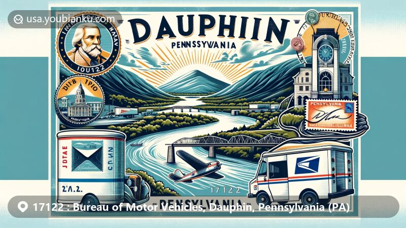Modern illustration of Dauphin, Pennsylvania, depicting the ZIP code 17122 and the Bureau of Motor Vehicles. The artwork combines natural beauty with postal themes, featuring the Susquehanna River, mountains, vintage air mail envelope, Pennsylvania state flag stamps, and a postal truck.