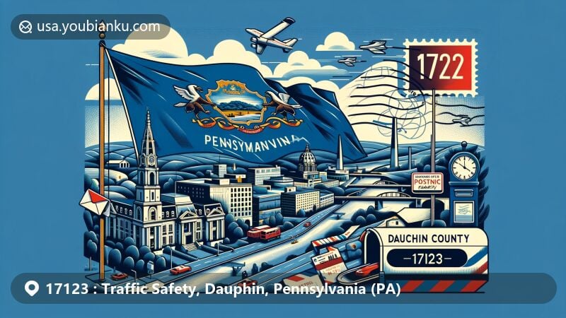 Modern illustration of traffic safety in Dauphin County, Pennsylvania, highlighting Harrisburg and ZIP code 17123, featuring state flag, Dauphin County map, Susquehanna River, air mail envelope, stamps, postmark, and mailbox.