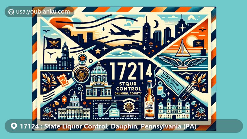 Modern illustration of State Liquor Control, Dauphin County, Pennsylvania, showcasing postal theme with ZIP code 17124, featuring Pennsylvania state symbols and Harrisburg landmarks.