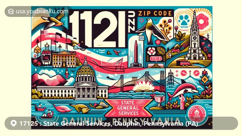 Modern illustration of ZIP code 17125, State General Services, Dauphin, Pennsylvania, featuring vintage postcard design with state flag, Dauphin County outline, landmarks like Pennsylvania State Capitol, and cultural symbols.