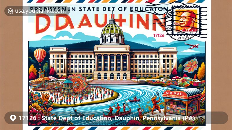 Modern illustration of the Pennsylvania State Department of Education building in Dauphin, Pennsylvania, harmoniously integrated with the Susquehanna River and the colorful cultural festivities of Dauphin County's Cultural Fest.