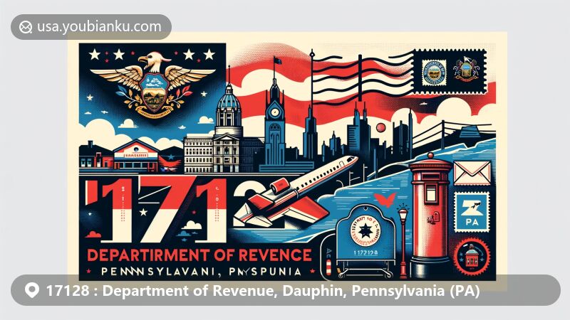 Modern illustration of Dauphin, Pennsylvania, showcasing the Department of Revenue ZIP code 17128, featuring Pennsylvania state flag, Dauphin County silhouette, and iconic local landmarks.