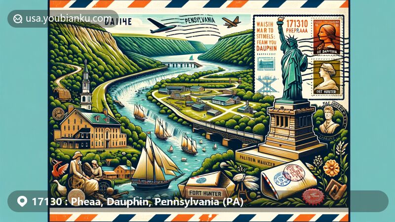 Modern illustration of Dauphin, Pennsylvania, showcasing Dauphin Narrows Statue of Liberty and Fort Hunter historical marker in an air mail envelope, with postal code 17130 Pheaa. Vintage stamps and postal marks symbolize rich heritage, while lush greenery and Susquehanna River add natural beauty.