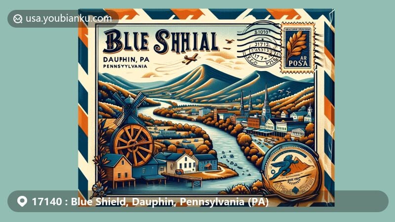 Modern illustration of Blue Shield, Dauphin, Pennsylvania, with a postal theme featuring Dauphin borough, Blue Mountain, Susquehanna River, and Blue Mountain Lions Park.