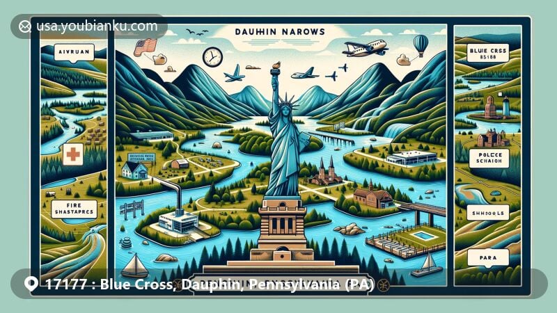 Modern illustration of Blue Cross in Dauphin County, Pennsylvania, featuring replica Dauphin Narrows Statue of Liberty against a backdrop of mountains, a stream, and natural elements, with postal theme for ZIP code 17177.