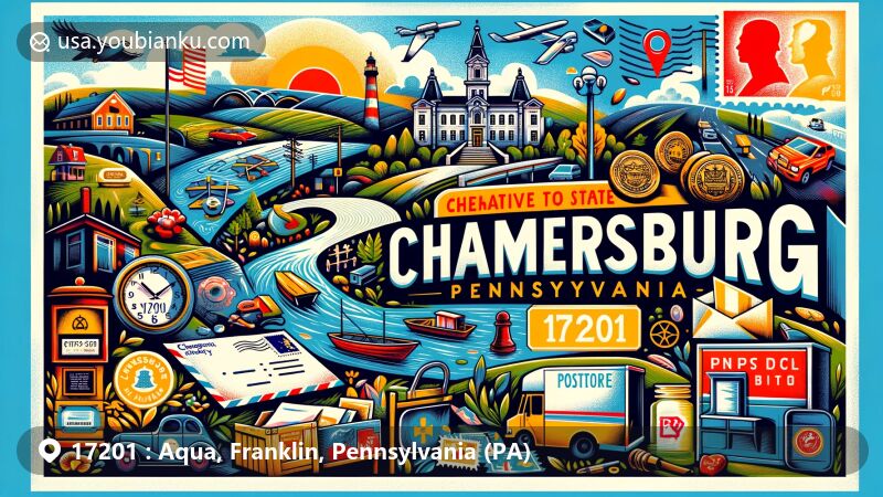 Modern illustration of Chambersburg, Franklin County, Pennsylvania, featuring ZIP code 17201 and Pennsylvania state symbols, presenting a creative postcard design with local landmarks and vibrant visuals.