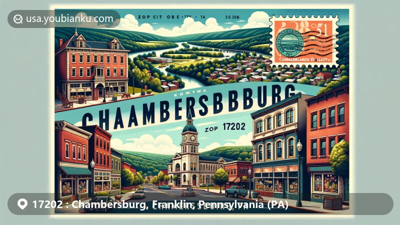 Modern illustration of Chambersburg, Franklin County, Pennsylvania, showcasing the historic downtown area, Conococheague Creek, and Cumberland Valley's natural beauty.