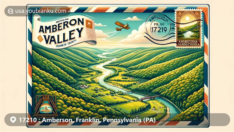 Modern illustration of Amberson Valley, Franklin County, Pennsylvania, capturing the scenic beauty from a high vantage point, featuring lush green valleys, winding roads, forested hills, and distant Gunter Valley Dam and Reservoir, all enclosed within a retro-style airmail envelope with postal elements like a Pennsylvania state flag stamp in the top right corner, a postmark reading 'Amberson, PA 17210', and elegant handwritten 'Greetings from Amberson Valley'. Vibrant colors accentuate the natural beauty while subtly referencing local landmarks. The artwork, in a modern illustrative style, serves as a creative and eye-catching web graphic, highlighting the region's geographical uniqueness and integrating the postal communication theme. Delicate envelope details and subtle shadow effects create a dimensional look.
