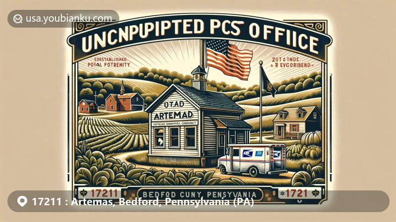 Modern illustration of Artemas, Bedford County, Pennsylvania, highlighting postal theme with ZIP code 17211, featuring lush greenery, American and Pennsylvania flags, vintage postal stamp, envelope, and postal truck.