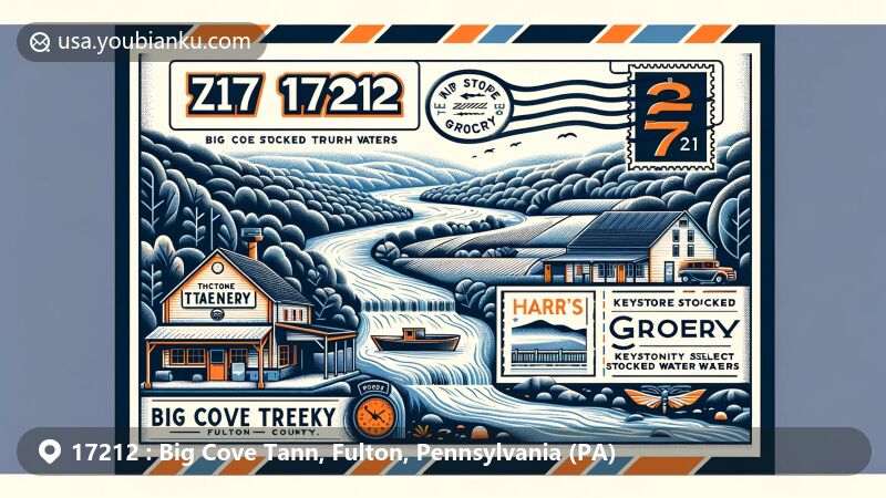 Modern illustration of Big Cove Tannery, Fulton County, Pennsylvania, in the style of an airmail envelope, featuring Big Cove Creek and Harr's Grocery, with postal elements including ZIP code 17212.