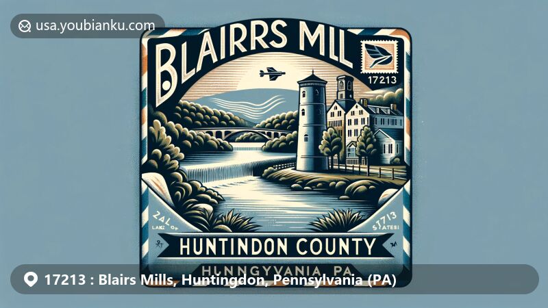 Creative illustration showcasing Blairs Mills and Huntingdon County, Pennsylvania, featuring Raystown Lake, iconic Pulpit Rocks, vintage airmail envelope with Pennsylvania state flag stamp, and ZIP code 17213.
