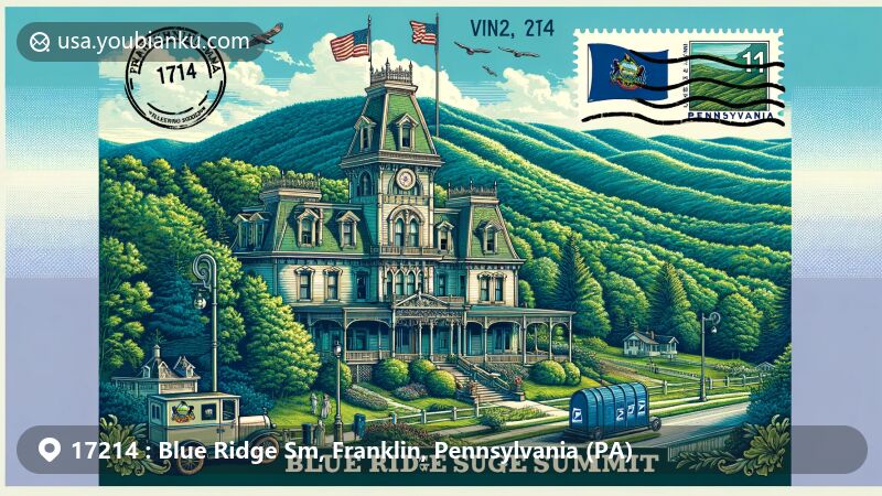 Modern illustration of the Blue Ridge Summit area in Franklin County, Pennsylvania, highlighting scenic beauty, historical architecture, and postal elements, with lush Blue Ridge Mountains, Victorian-era buildings, and Pennsylvania state flag.