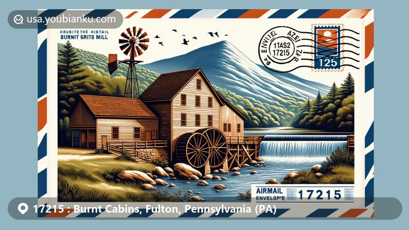 Modern illustration of Burnt Cabins Grist Mill in Pennsylvania, featuring Tuscarora Mountain and Allegheny Mountains. The scene captures the rustic charm and historical significance of the mill as a functioning flour producer. Postal theme integrates ZIP Code 17215, with elements like stamp and postmark.