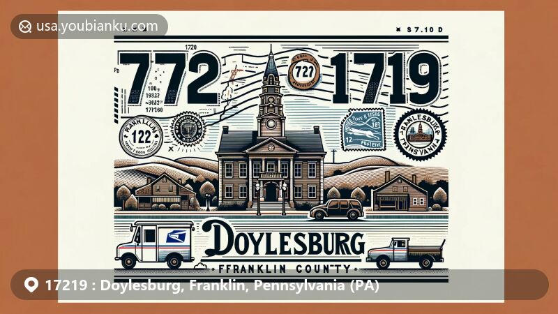 Modern illustration of Doylesburg, Franklin County, Pennsylvania, showcasing postal theme with ZIP code 17219, featuring Franklin County outline, historic courthouse, vintage postcard format, stamp, and postal truck.