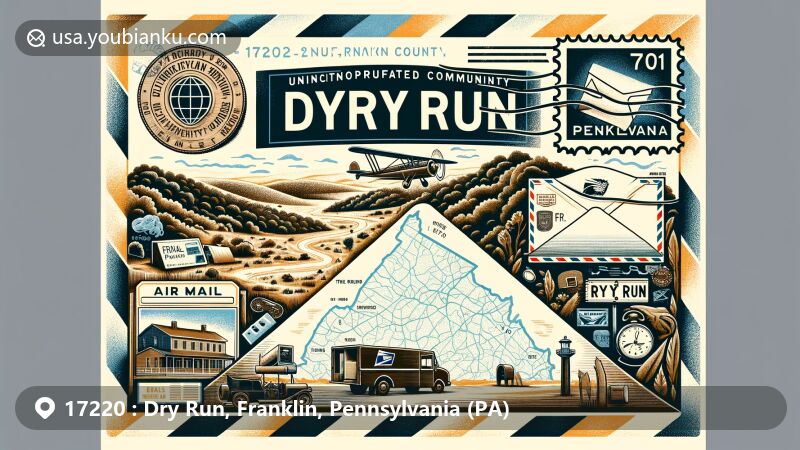 Modern illustration of Dry Run, Franklin County, Pennsylvania, featuring air mail envelope frame with map outline and postal stamp displaying ZIP code 17220, incorporating Pennsylvania's natural beauty and state symbols.