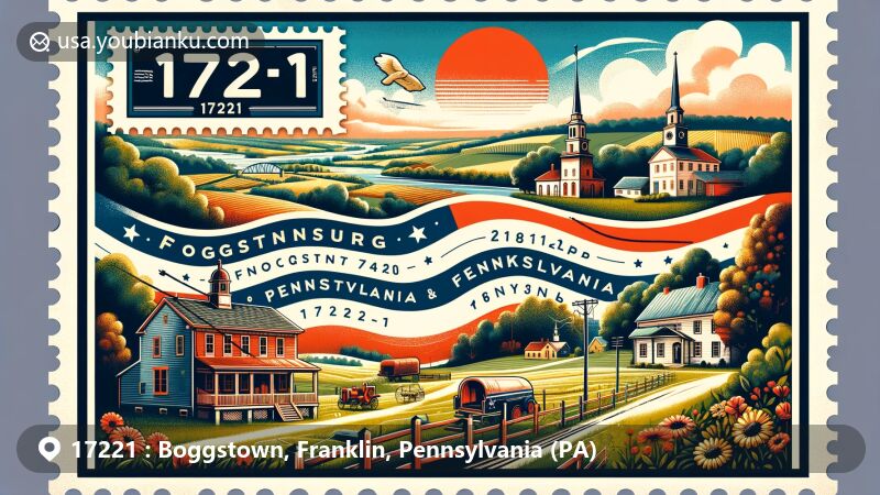 Modern illustration of Boggstown and Fannettsburg in Franklin County, Pennsylvania, with ZIP code 17221, featuring Pennsylvania state flag, rural landscapes, historical buildings, vintage postage stamp, postmark, and envelope border.