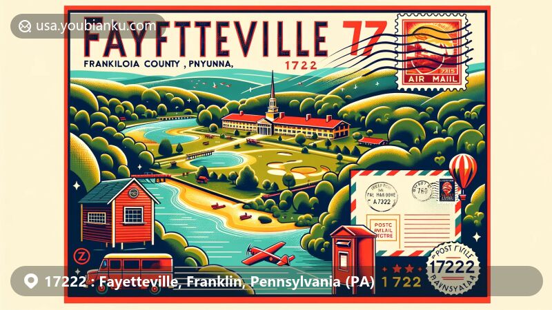 Modern illustration of Fayetteville, Franklin County, Pennsylvania, displaying Caledonia State Park's natural beauty, hikers, and picnicking scenes, emphasizing outdoor attractions in the ZIP code 17222.