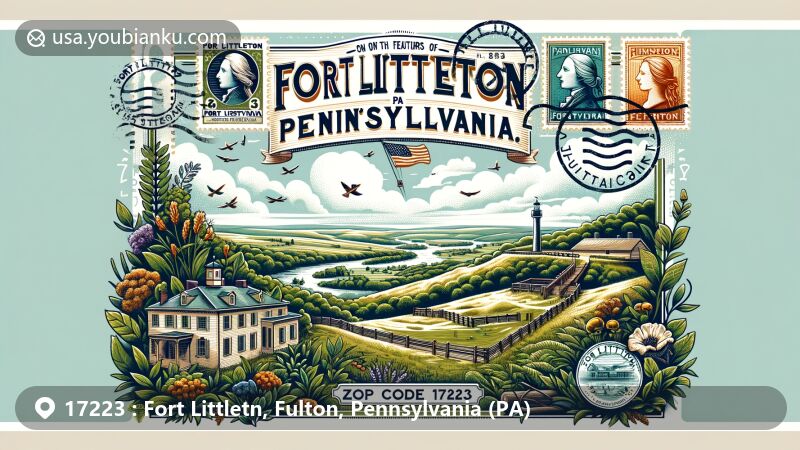 Modern illustration of Fort Littleton, Pennsylvania, showcasing historical significance with Fort Littleton marker and Pennsylvania's defenses against the French and Indians.