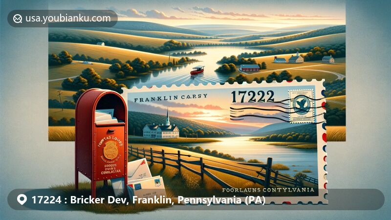 Modern illustration of Fort Loudon area in Franklin County with ZIP code 17224, featuring Cowans Gap and rural landscapes, incorporating postal elements.