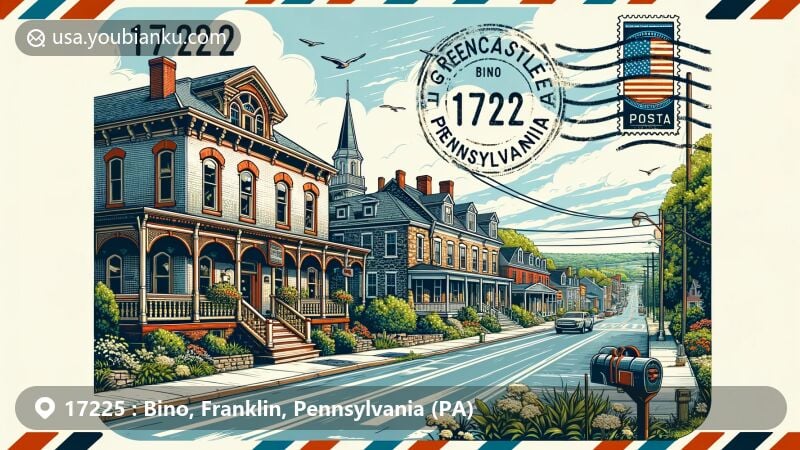 Modern illustration of Greencastle Historic District, Franklin County, Pennsylvania, capturing charming street view with old buildings and greenery under clear blue sky, featuring vintage postcard layout and Pennsylvania state flag.