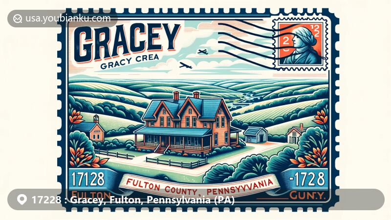 Contemporary illustration of Gracey, Fulton County, Pennsylvania, blending postal theme with ZIP code 17228, featuring Cowans Gap State Park and the county's distinctive landscapes.
