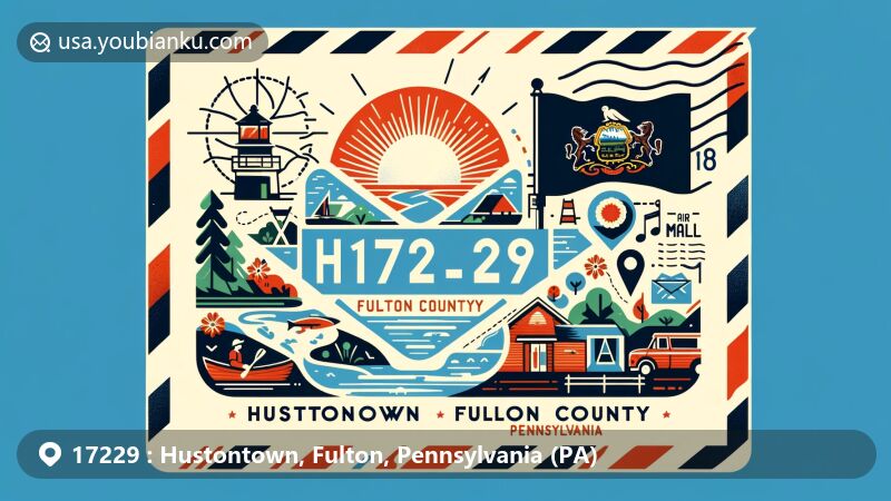 Modern illustration of Hustontown, Fulton County, Pennsylvania, capturing the essence of ZIP code 17229 with a creative postal theme and symbols of outdoor activities like hiking and fishing, showcasing the area's natural beauty and community spirit.