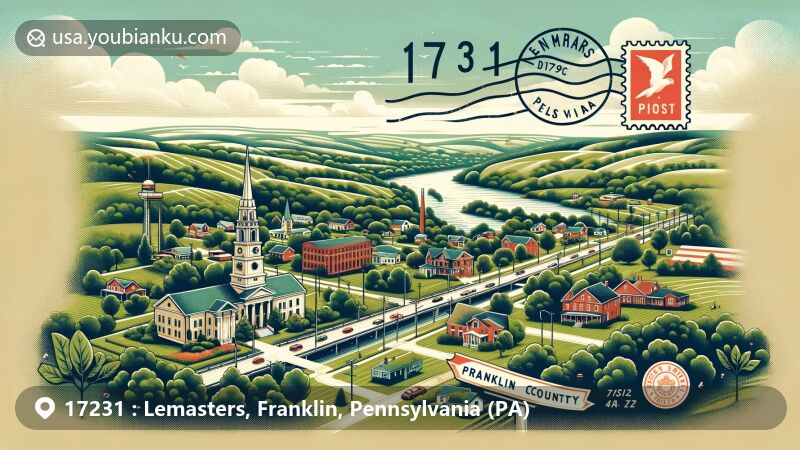 Modern illustration of Lemasters, Franklin County, Pennsylvania, highlighting ZIP code 17231 with local landscapes, Lemar Road, Steele Avenue, Pennsylvania state symbols, and vintage postal elements.