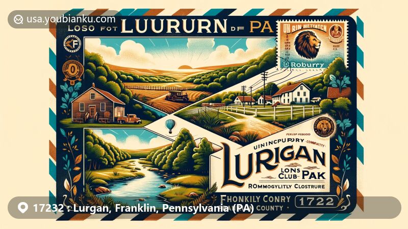Modern illustration of Lurgan, Franklin County, Pennsylvania, featuring rural landscape, Roxbury Lions Club Park, and a vintage airmail envelope with ZIP code 17232.