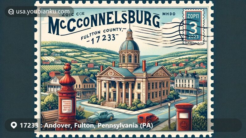 Modern illustration of ZIP Code 17233, McConnellsburg, Fulton County, Pennsylvania, depicting historic district with taverns, inns, and automotive service garages, featuring Greek Revival courthouse and 'the Big Cove' valley landscape.