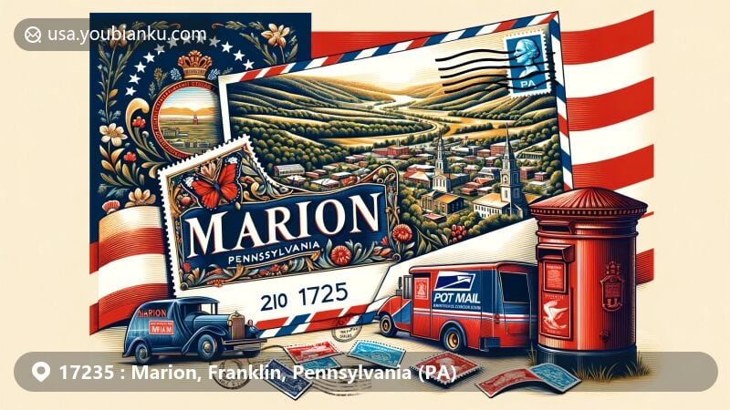 Modern illustration of Marion, Pennsylvania, blending postal elements with state symbols and local landmarks like Chambersburg Historic District, featuring vintage air mail envelope revealing Marion postcard with ZIP code 17235 amidst local flora and architecture.
