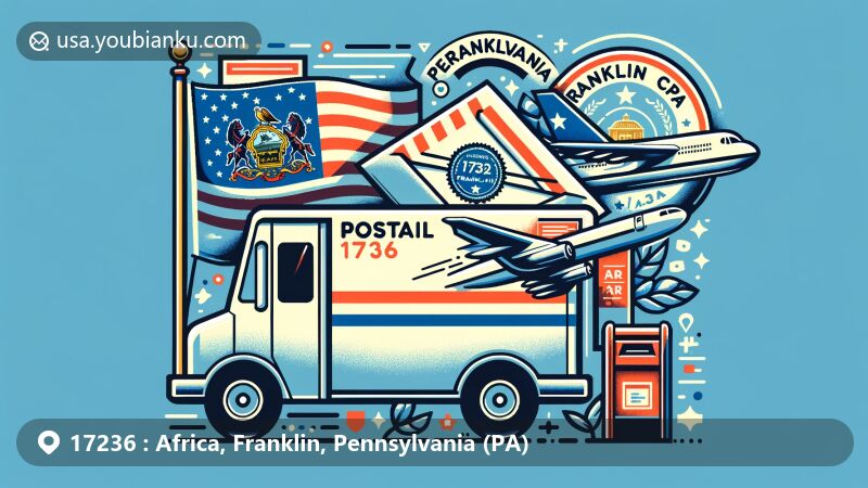 Modern illustration of Franklin County, Pennsylvania, highlighting postal theme with ZIP code 17236, featuring the state flag, airmail envelope, and postmark, along with mailbox or mail truck.