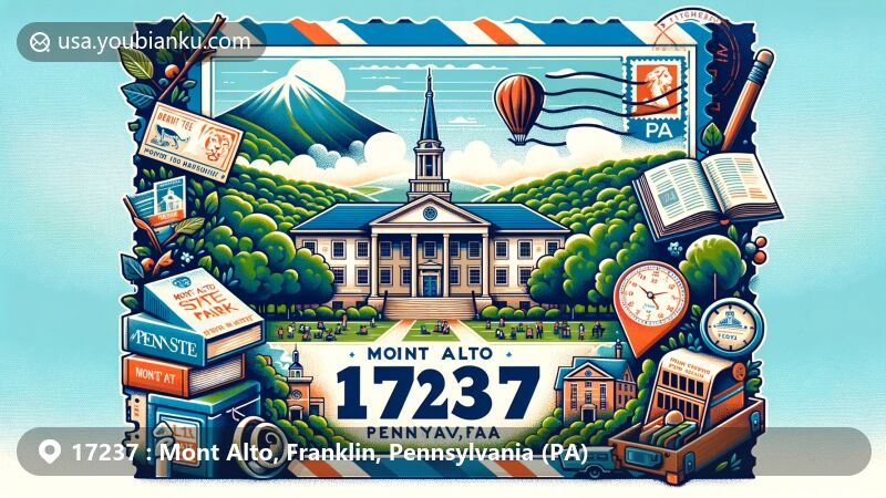 Modern illustration of Mont Alto, Pennsylvania, highlighting Mont Alto State Park's natural beauty, Penn State Mont Alto's educational significance, and vintage postal elements like air mail envelope, stamp, and postmark for ZIP code 17237.
