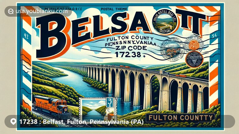 Modern illustration of Belfast, Fulton County, Pennsylvania, featuring iconic landmarks like Sideling Hill Tunnel, Summit Road Vista, and South Penn Railroad Aqueduct, with postal elements highlighting postal theme of ZIP code 17238.