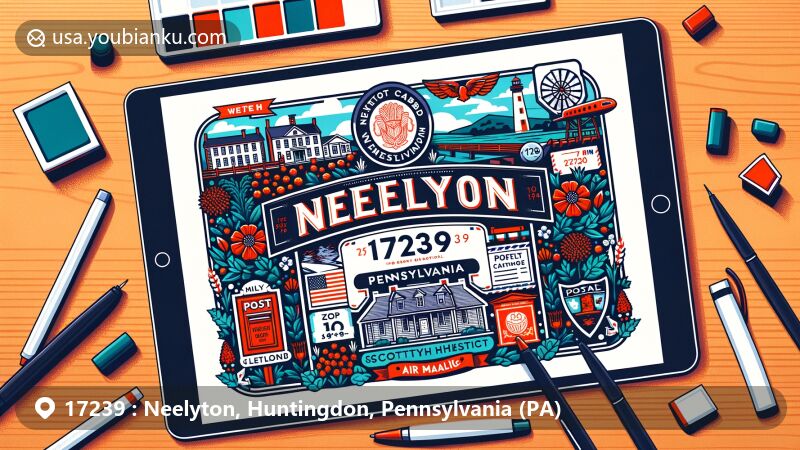 Modern digital illustration of Neelyton, Pennsylvania, displaying postal theme with ZIP code 17239, featuring Burnt Cabins Historic District, local flora, Scottish-Irish heritage, stamp, postmark, and vibrant design.