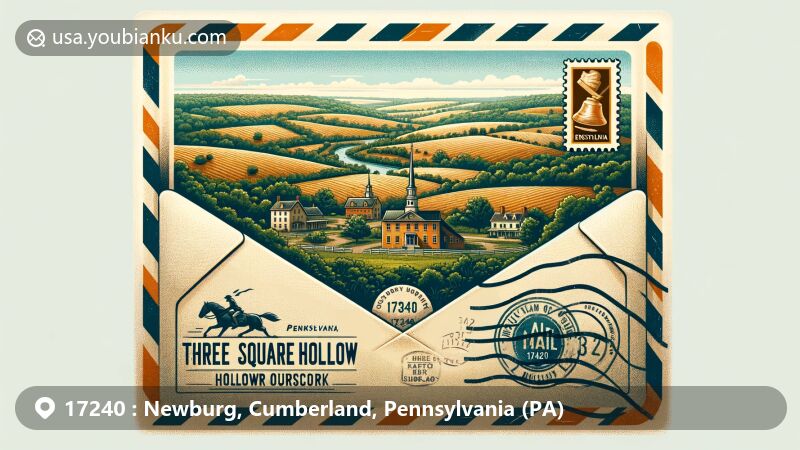 Modern illustration of Newburg, Pennsylvania, showcasing picturesque panoramic view from Three Square Hollow Overlook in Cumberland Valley, creatively framed within an airmail envelope with postal theme.