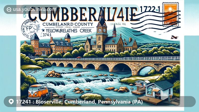Modern illustration of Bloserville, Cumberland County, Pennsylvania, featuring Gilbert Bridge and Dickinson College, with a vintage postcard design highlighting historical architecture, educational heritage, and outdoor beauty.