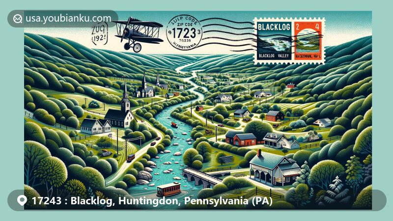 Modern illustration of Blacklog, Huntingdon County, Pennsylvania, highlighting the ZIP code 17243 and showcasing the natural beauty of Blacklog Valley with lush valleys and Blacklog Creek flowing through.