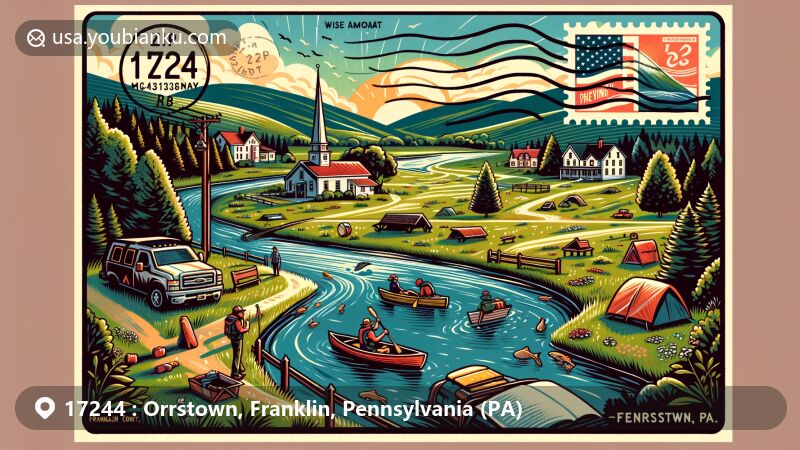 Modern illustration of Orrstown, Franklin County, Pennsylvania, representing ZIP code 17244 with rural and outdoor elements like camping, hiking, fishing, and kayaking, capturing the town's appeal to outdoor enthusiasts.