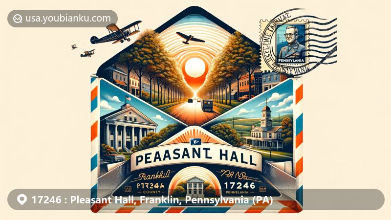Modern illustration of Pleasant Hall, Pennsylvania, featuring vintage air mail envelope with ZIP code 17246, showcasing scenic natural beauty, community charm, and state flag motif.