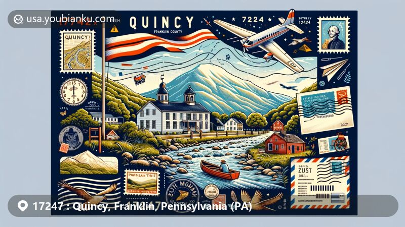Modern illustration of Quincy, Franklin County, Pennsylvania, highlighting ZIP code 17247 and regional postal features, integrating Appalachian Trail, South Mountain, postcard, airmail envelope, stamps, and postmarks.