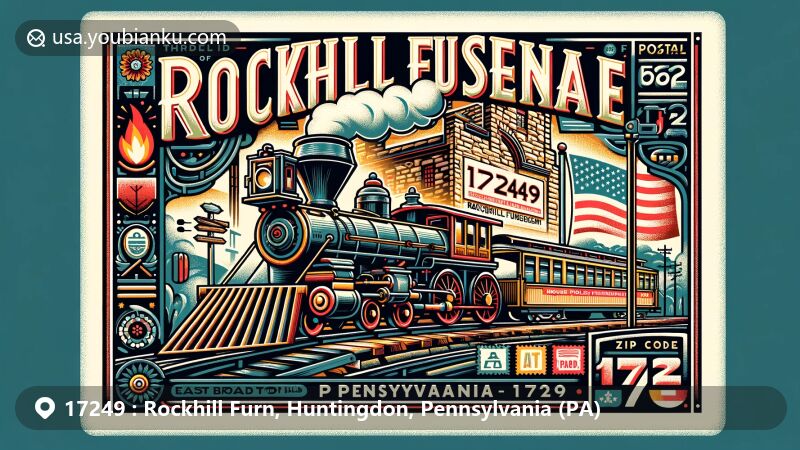 Modern illustration of Rockhill Furnace, Pennsylvania, showcasing postal theme with ZIP code 17249, featuring East Broad Top Railroad and Rockhill Trolley Museum, incorporating Pennsylvania state flag.