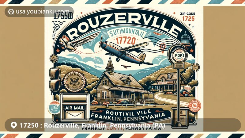 Modern illustration of Rouzerville, PA, highlighting postal theme with ZIP code 17250, featuring South Mountain and Franklin County, Pennsylvania.