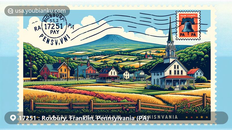 Modern illustration of Roxbury, Franklin County, Pennsylvania, featuring pastoral beauty near the Blue Mountains, intersection of Routes 641 and 997, and rural charm, with a postal theme including Liberty Bell postage stamp and Roxbury postal mark.