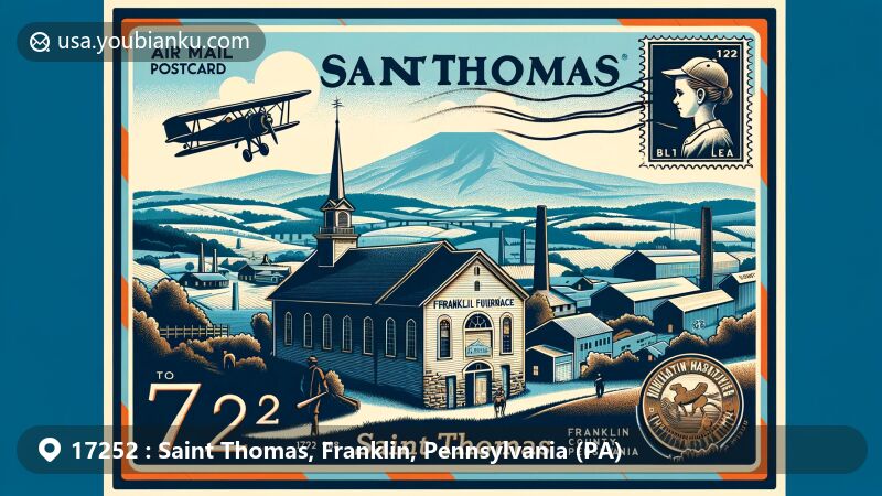 Modern illustration of Saint Thomas, Franklin County, Pennsylvania, showcasing postal theme with ZIP code 17252, featuring Franklin Furnace Historic District and Blue Mountain silhouette.